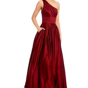 Blondie Nites One-shoulder pleated Satin Ball Gown Wine